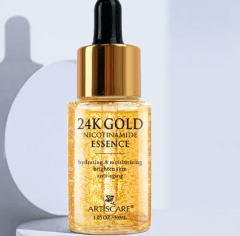 Sérum 24K Gold Nicotinamide Essence pour hydrater et illuminer la peau, flacon doré avec pipette.